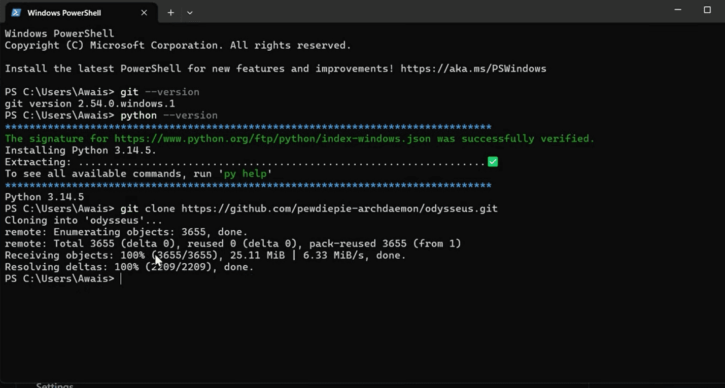 git clone and cd odysseus in PowerShell
