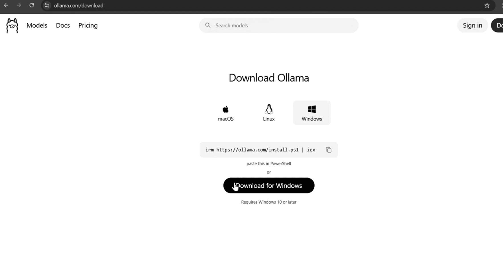 Download and install Ollama on Windows