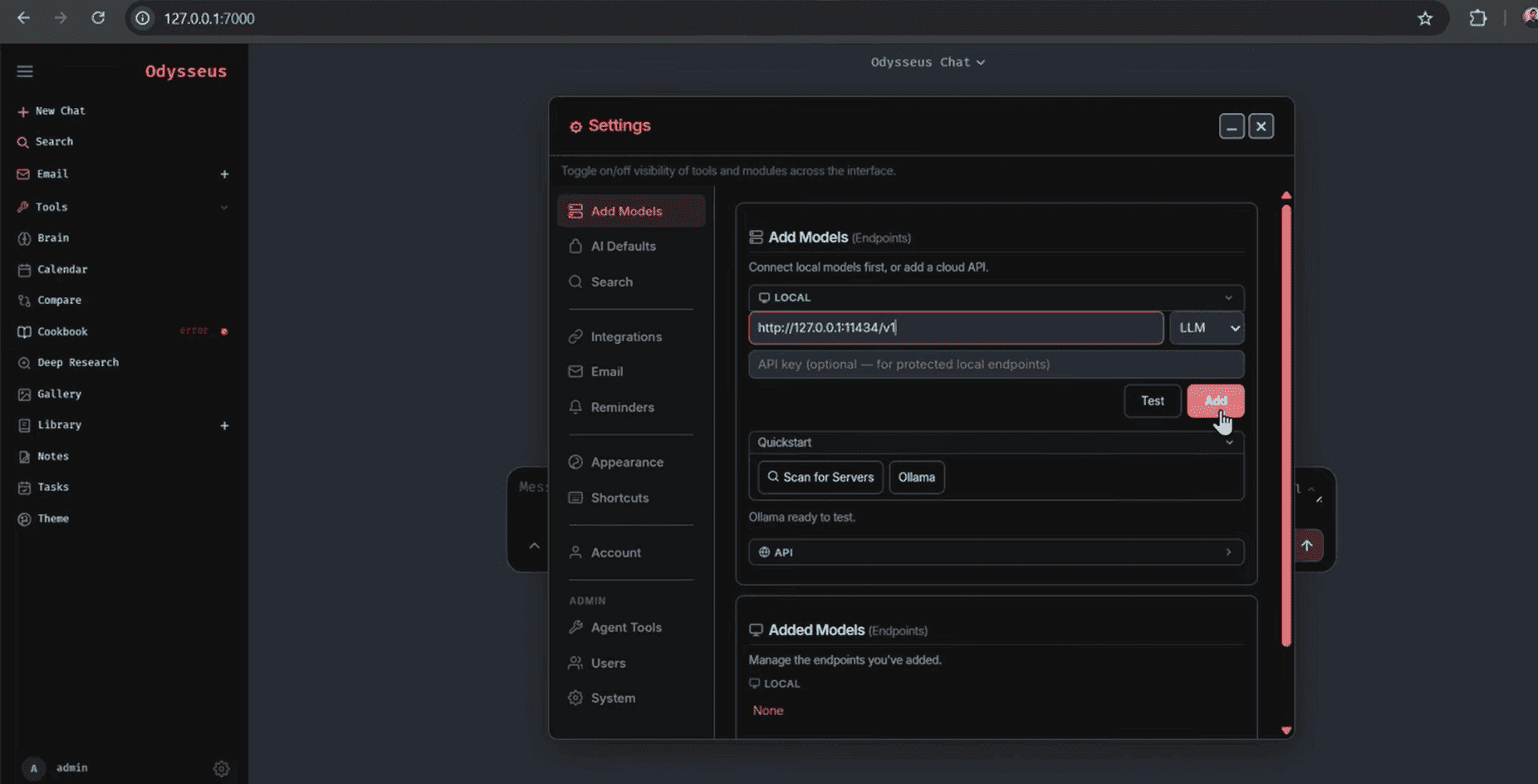 Odysseus Settings with Ollama endpoint configured