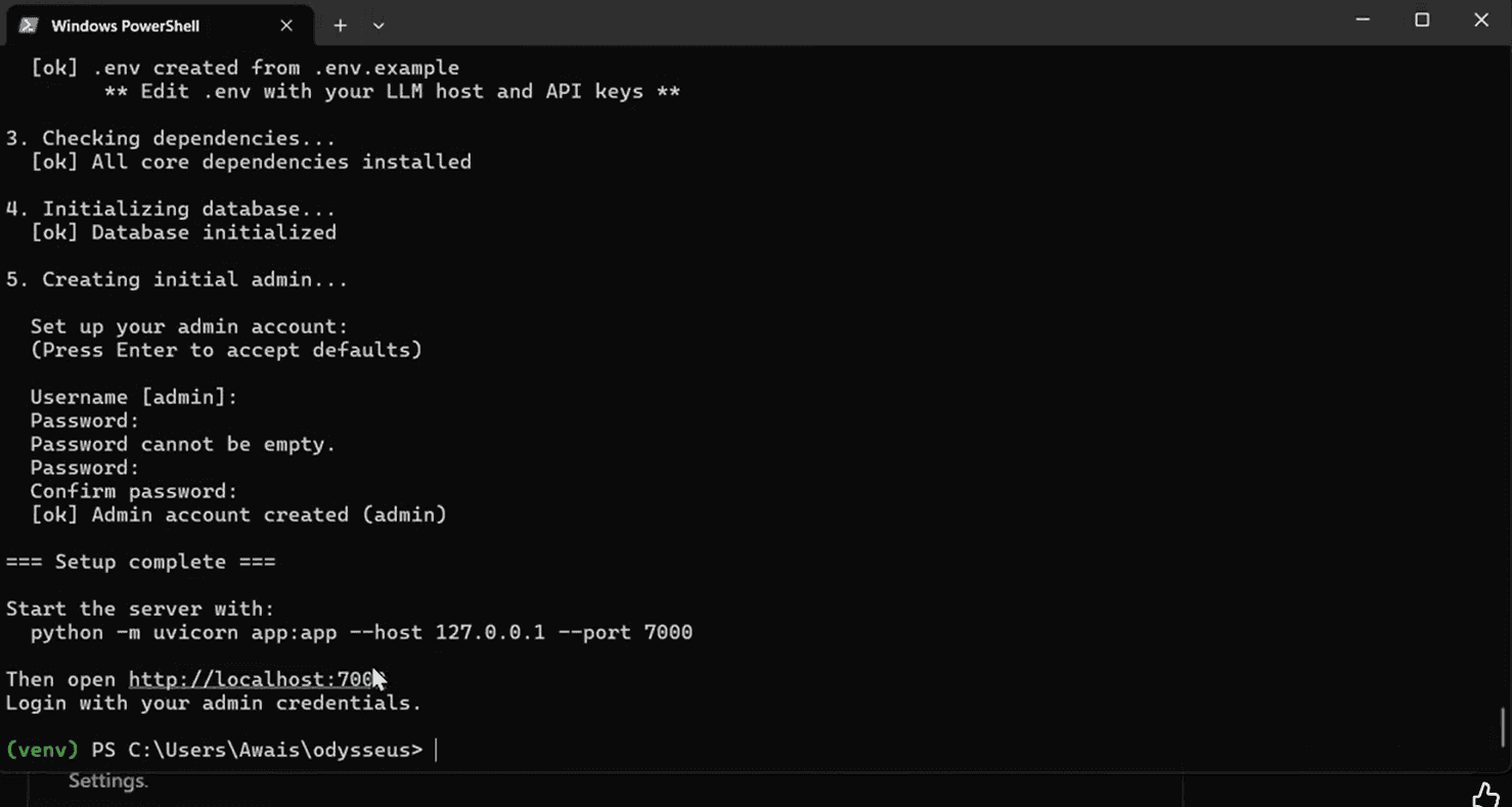 setup.py output showing admin username and temporary password