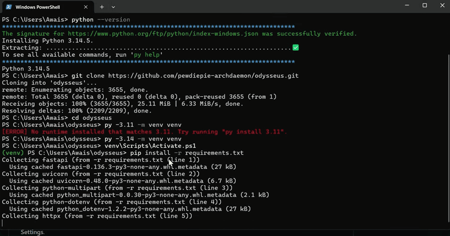 Python virtual environment created and requirements installed